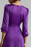 A Line Plum Ruffled 3/4 Sleeves Midi Work Dress