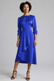 A Line Plum Ruffled 3/4 Sleeves Midi Work Dress