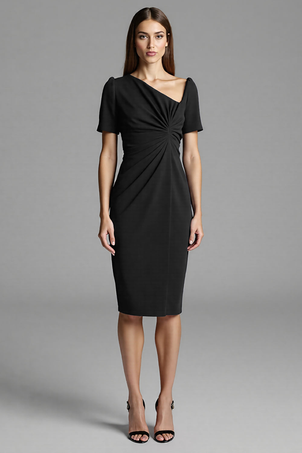 Navy Ruched Short Sleeve Bodycon Midi Work Dress