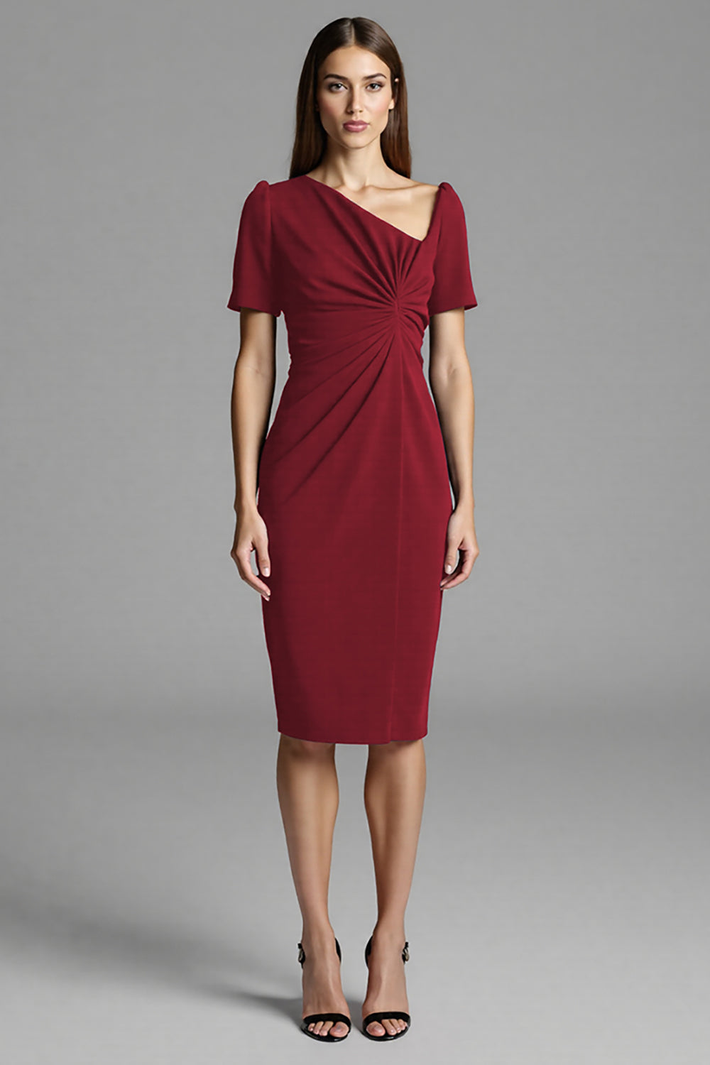 Navy Ruched Short Sleeve Bodycon Midi Work Dress