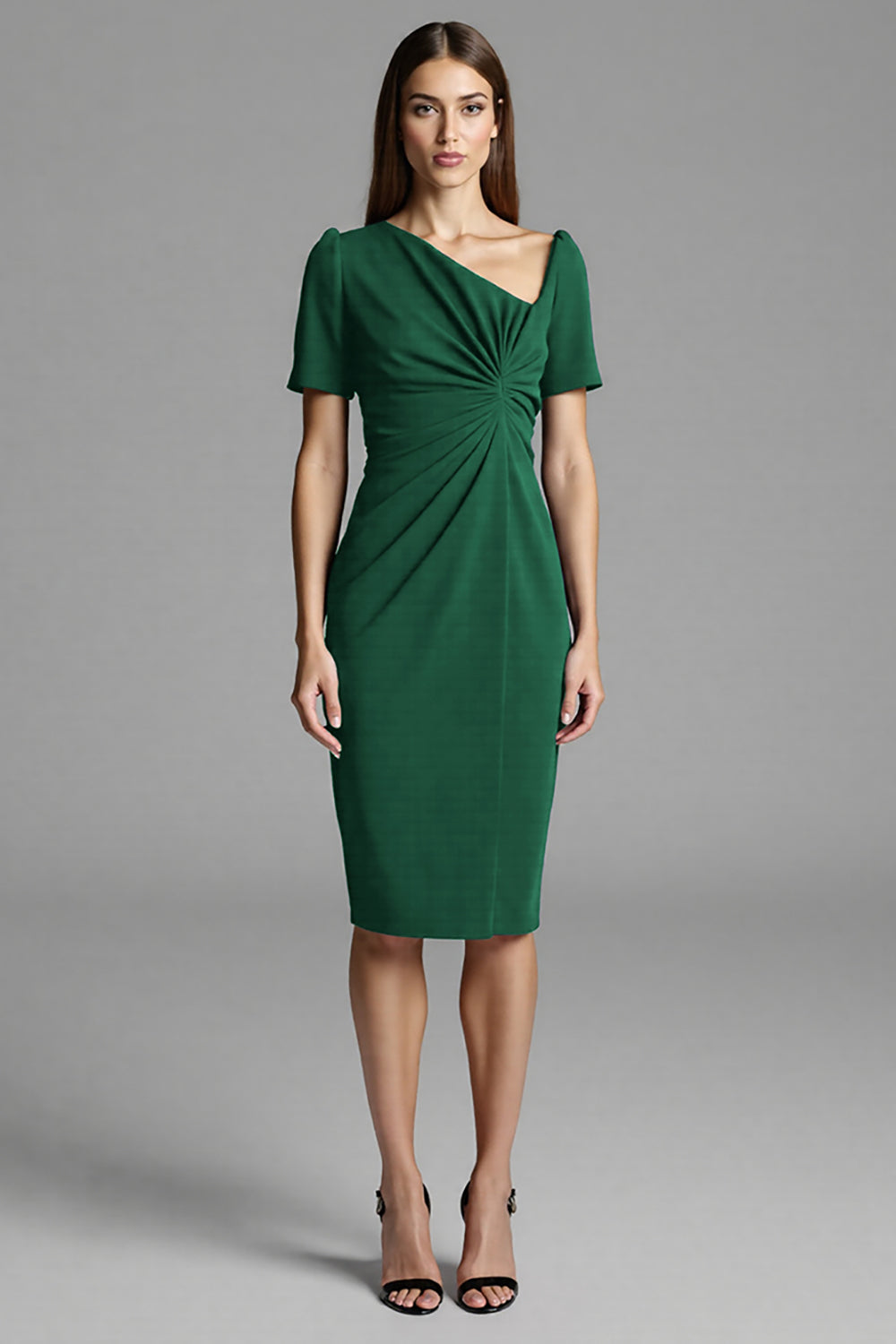 Navy Ruched Short Sleeve Bodycon Midi Work Dress