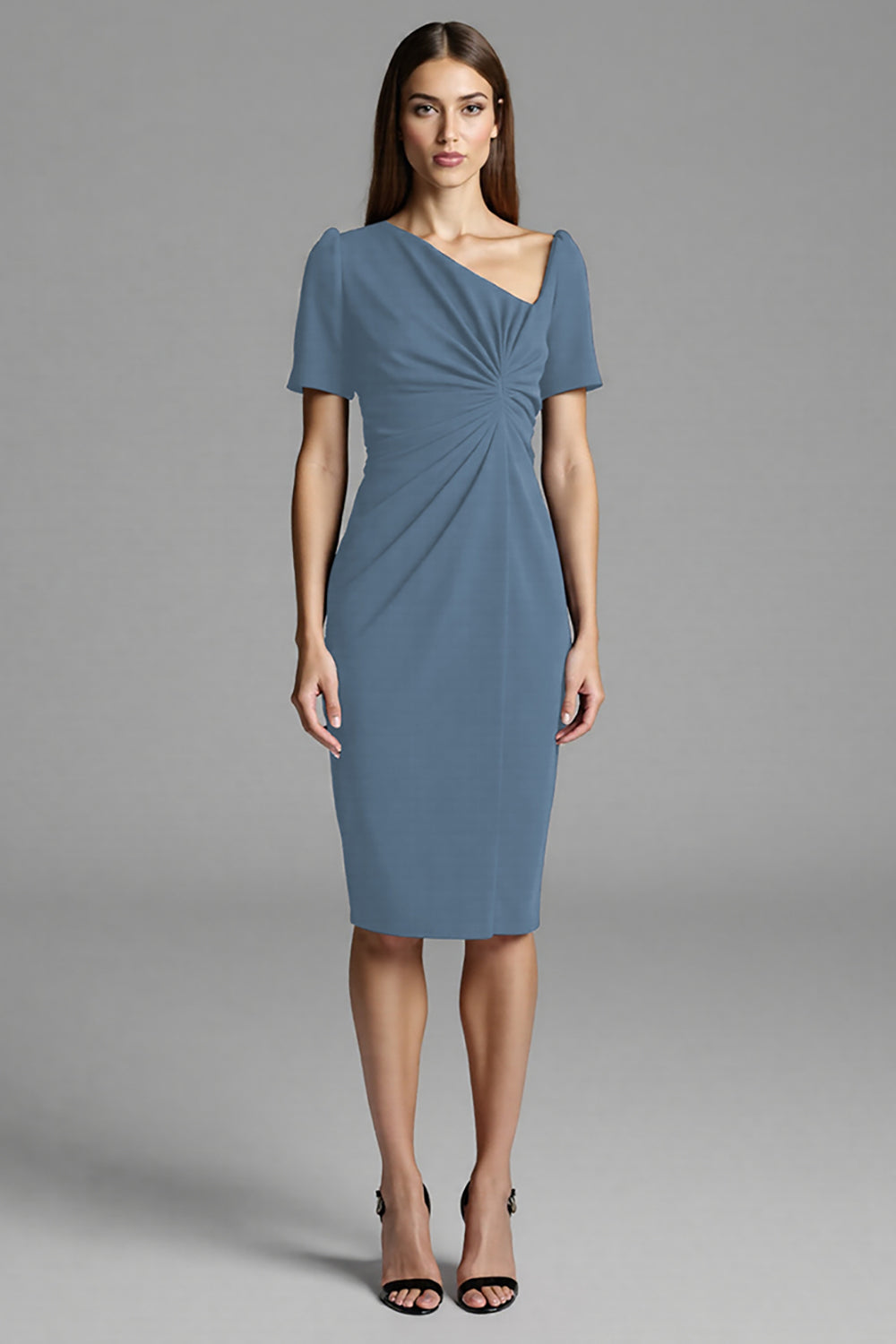 Navy Ruched Short Sleeve Bodycon Midi Work Dress