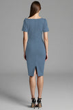 Navy Ruched Short Sleeve Bodycon Midi Work Dress
