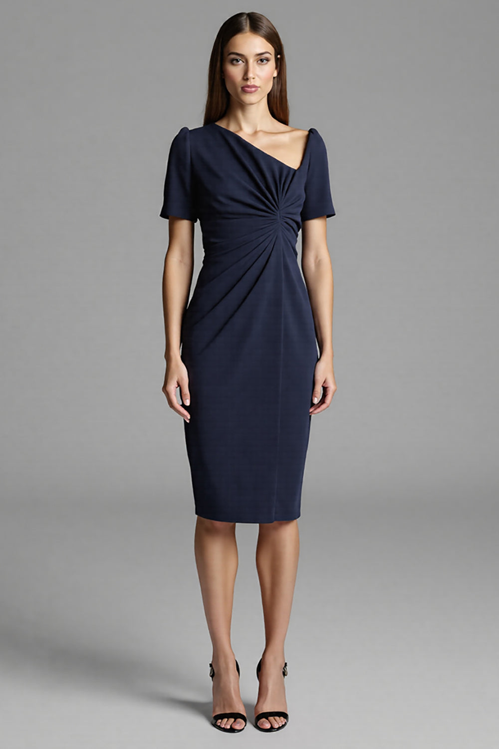 Navy Ruched Short Sleeve Bodycon Midi Work Dress