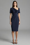 Navy Ruched Short Sleeve Bodycon Midi Work Dress