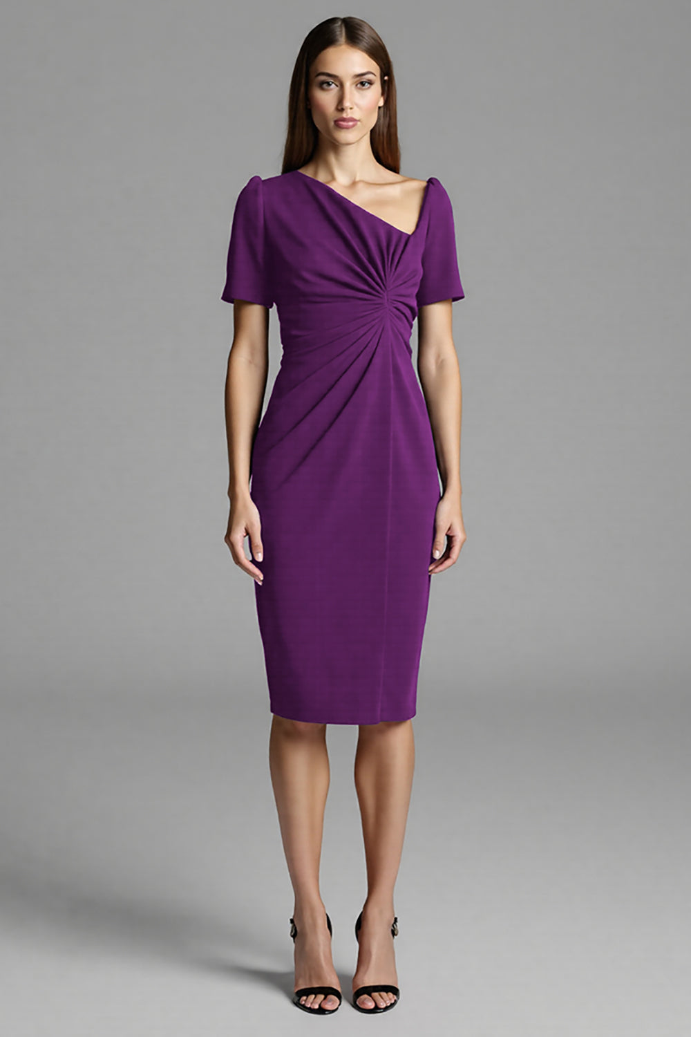 Navy Ruched Short Sleeve Bodycon Midi Work Dress