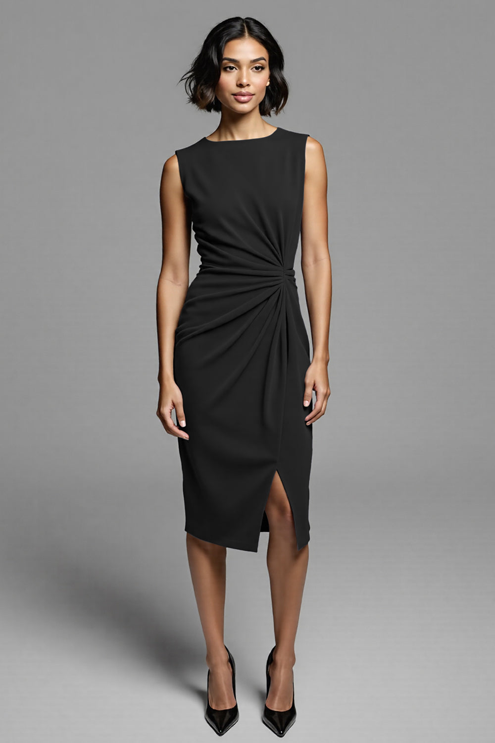 Grey Ruched Bodycon Midi Work Dress With Slit