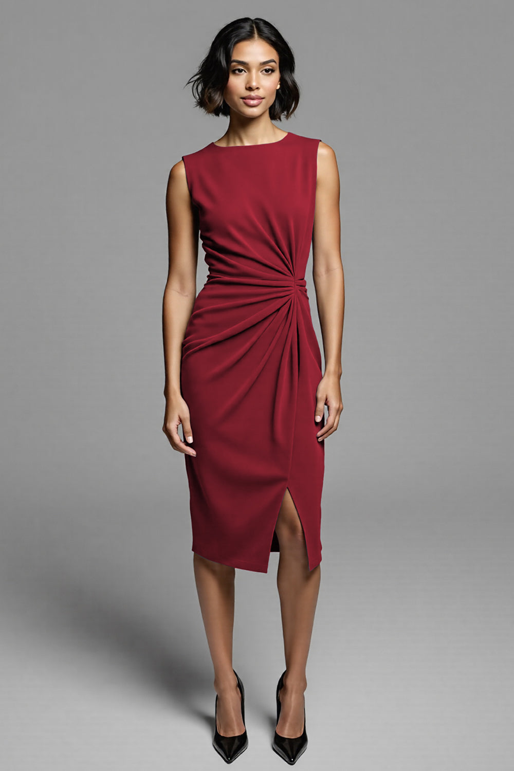 Grey Ruched Bodycon Midi Work Dress With Slit