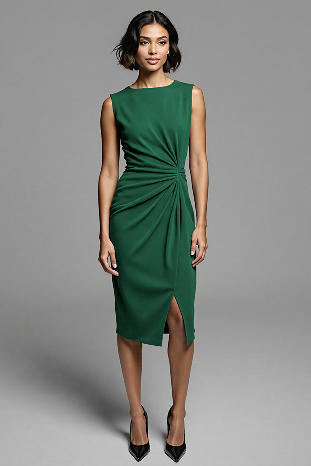 Grey Ruched Bodycon Midi Work Dress With Slit