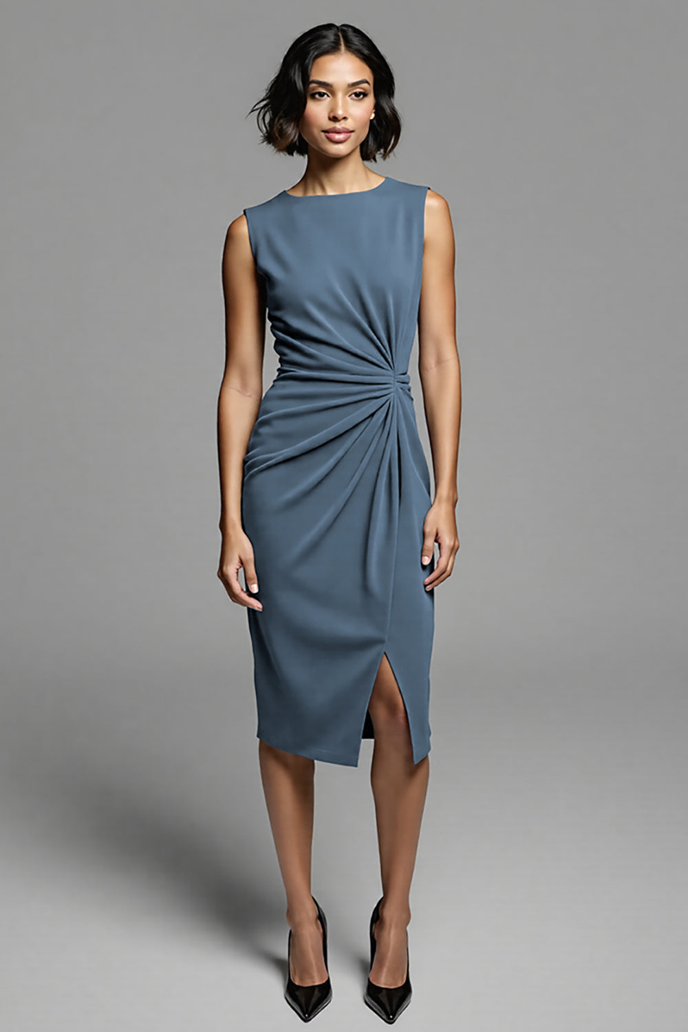 Grey Ruched Bodycon Midi Work Dress With Slit