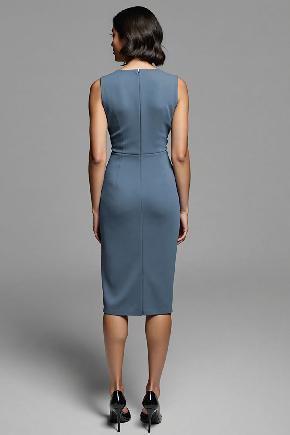 Grey Ruched Bodycon Midi Work Dress With Slit