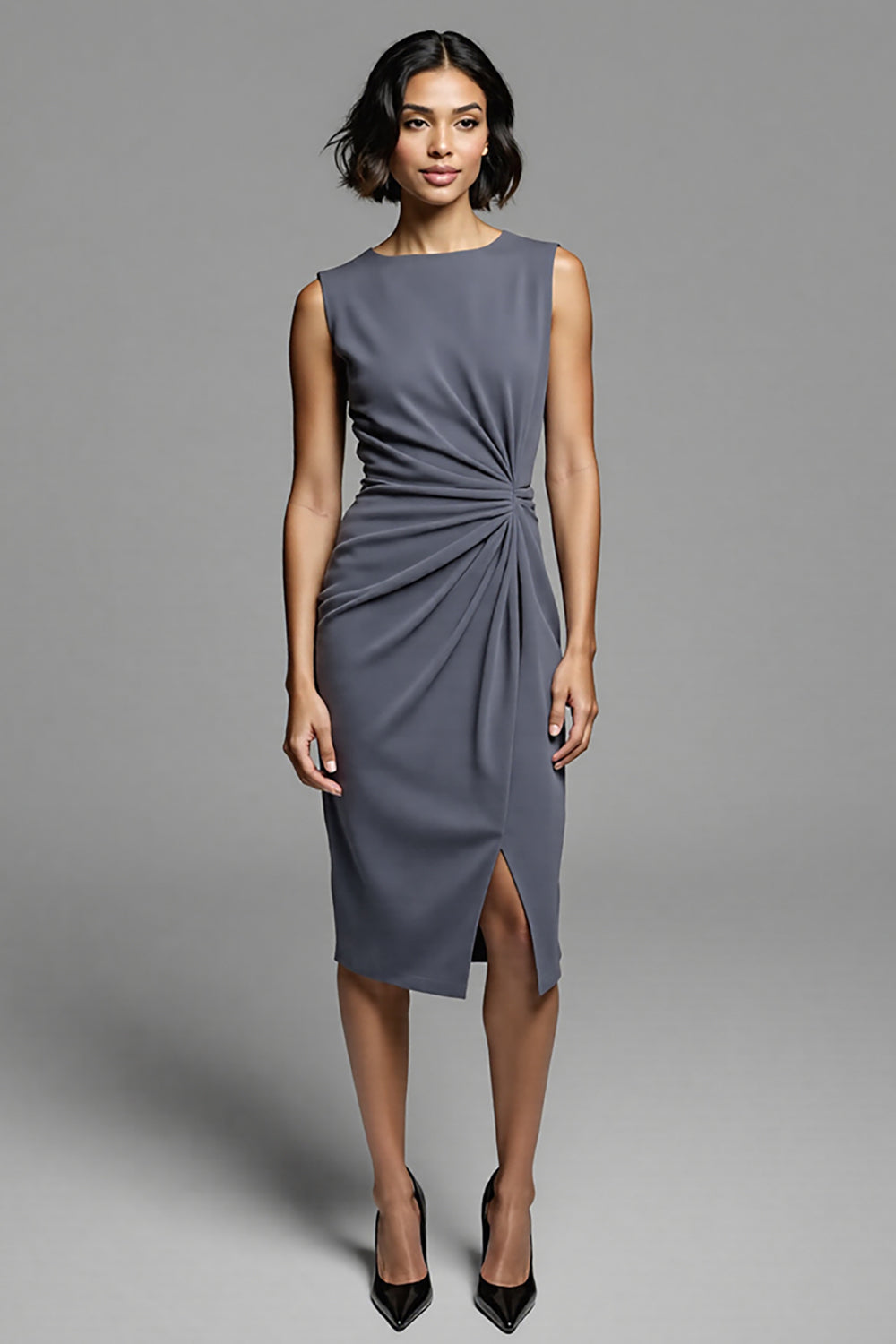 Grey Ruched Bodycon Midi Work Dress With Slit