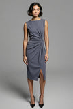 Grey Ruched Bodycon Midi Work Dress With Slit