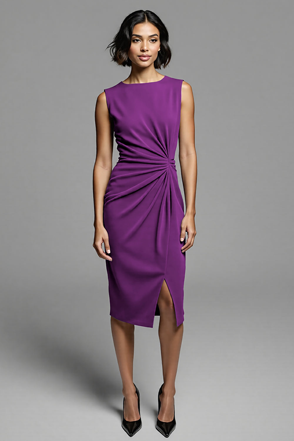 Grey Ruched Bodycon Midi Work Dress With Slit