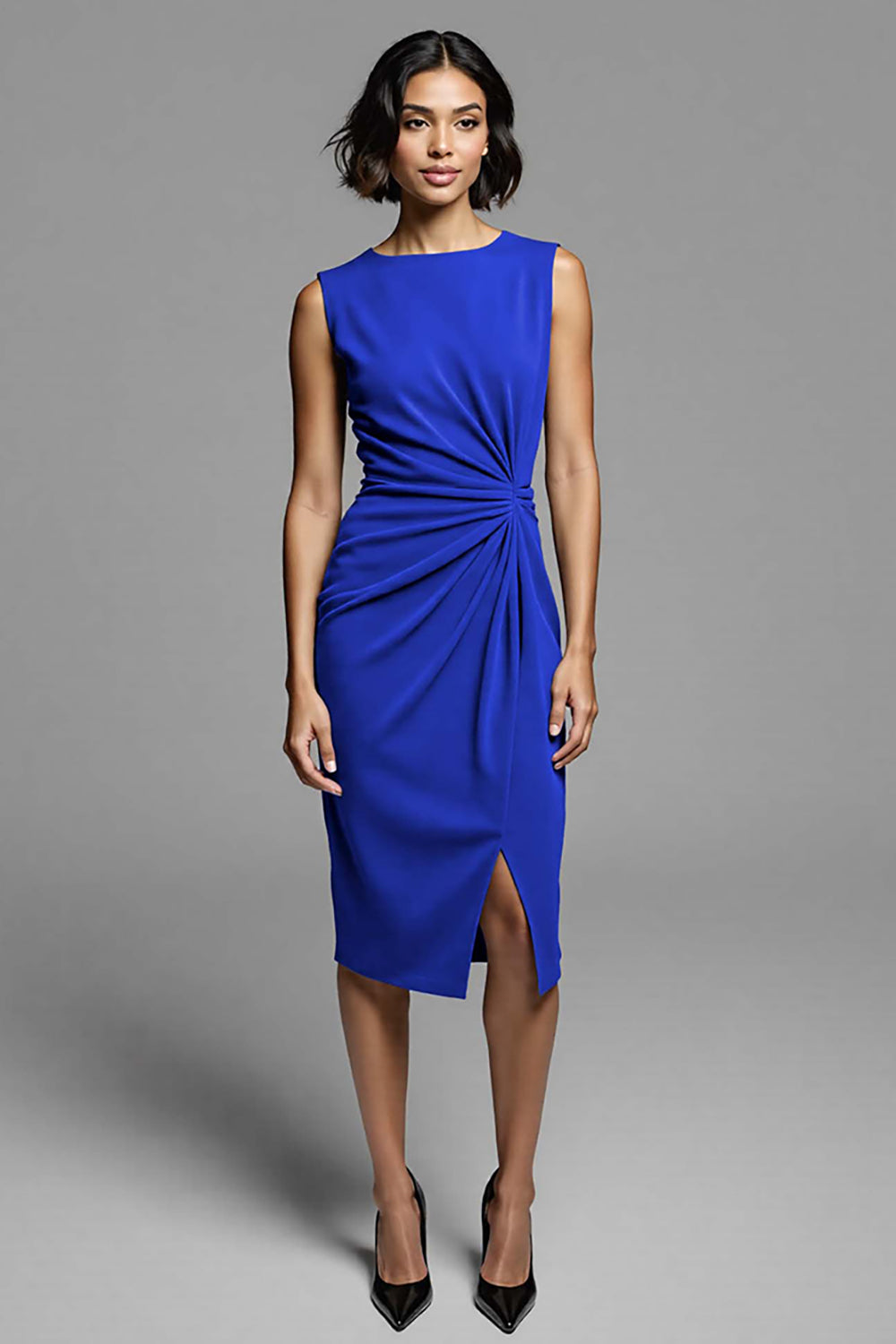 Grey Ruched Bodycon Midi Work Dress With Slit