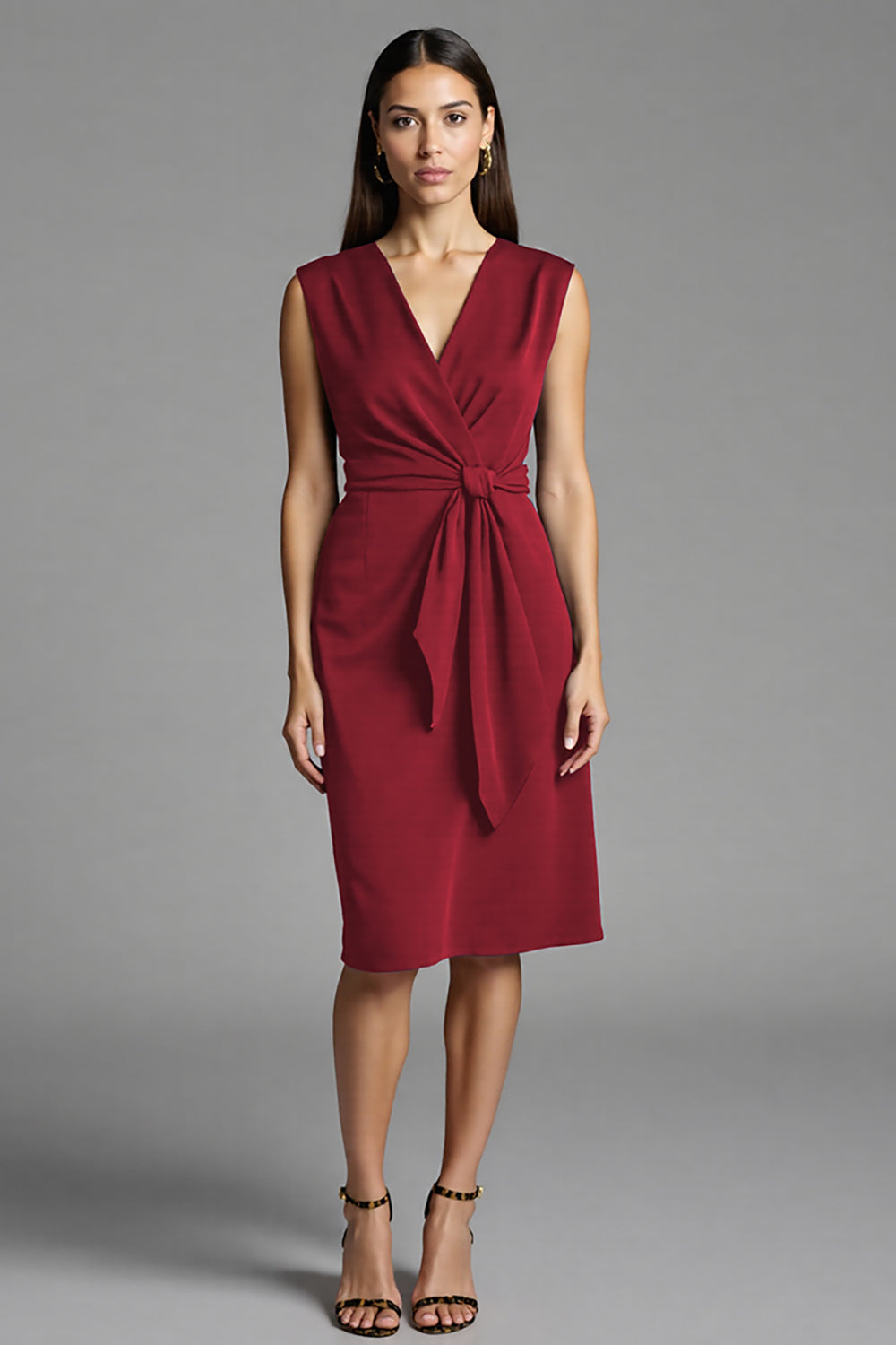 Bodycon Navy V Neck Midi Work Dress With Sash