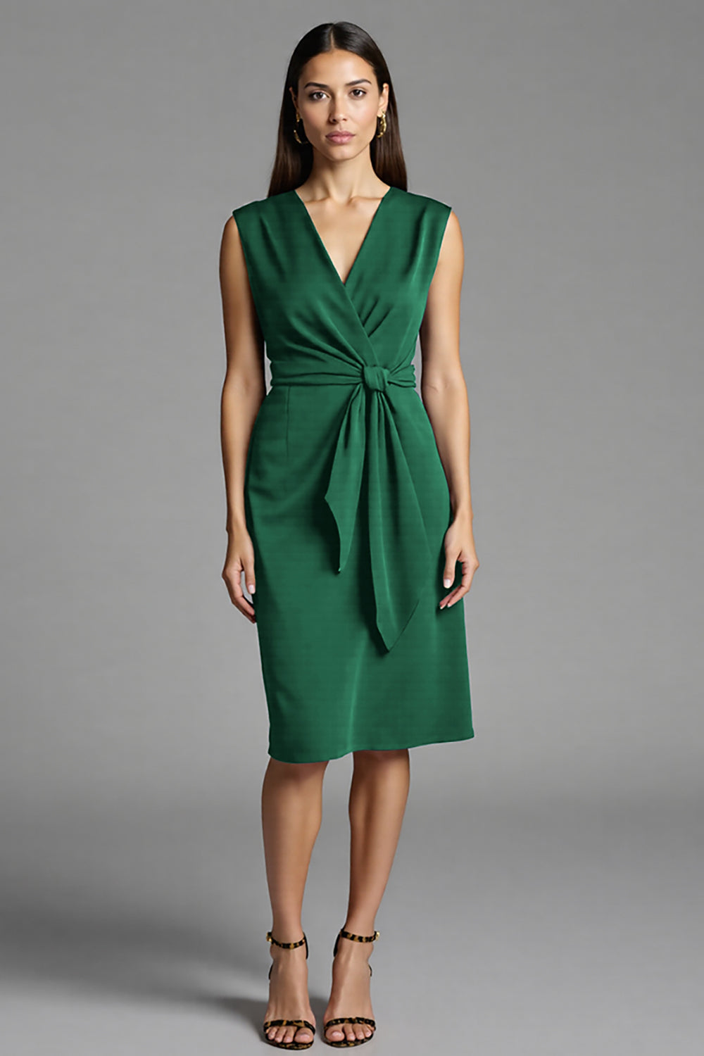 Bodycon Navy V Neck Midi Work Dress With Sash