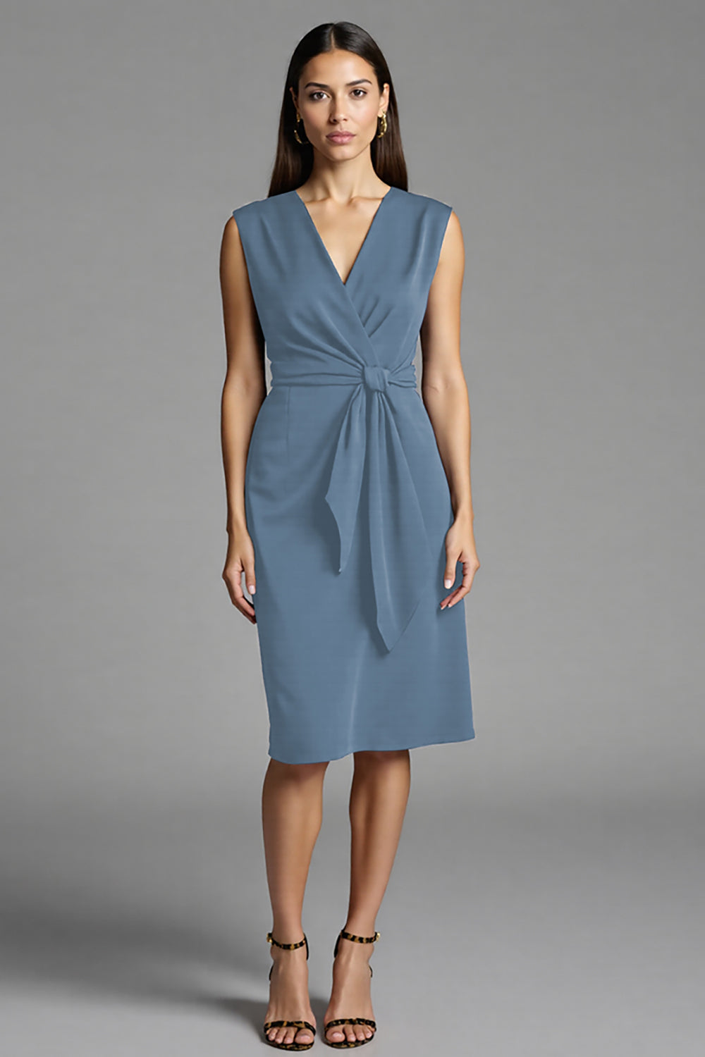Bodycon Navy V Neck Midi Work Dress With Sash
