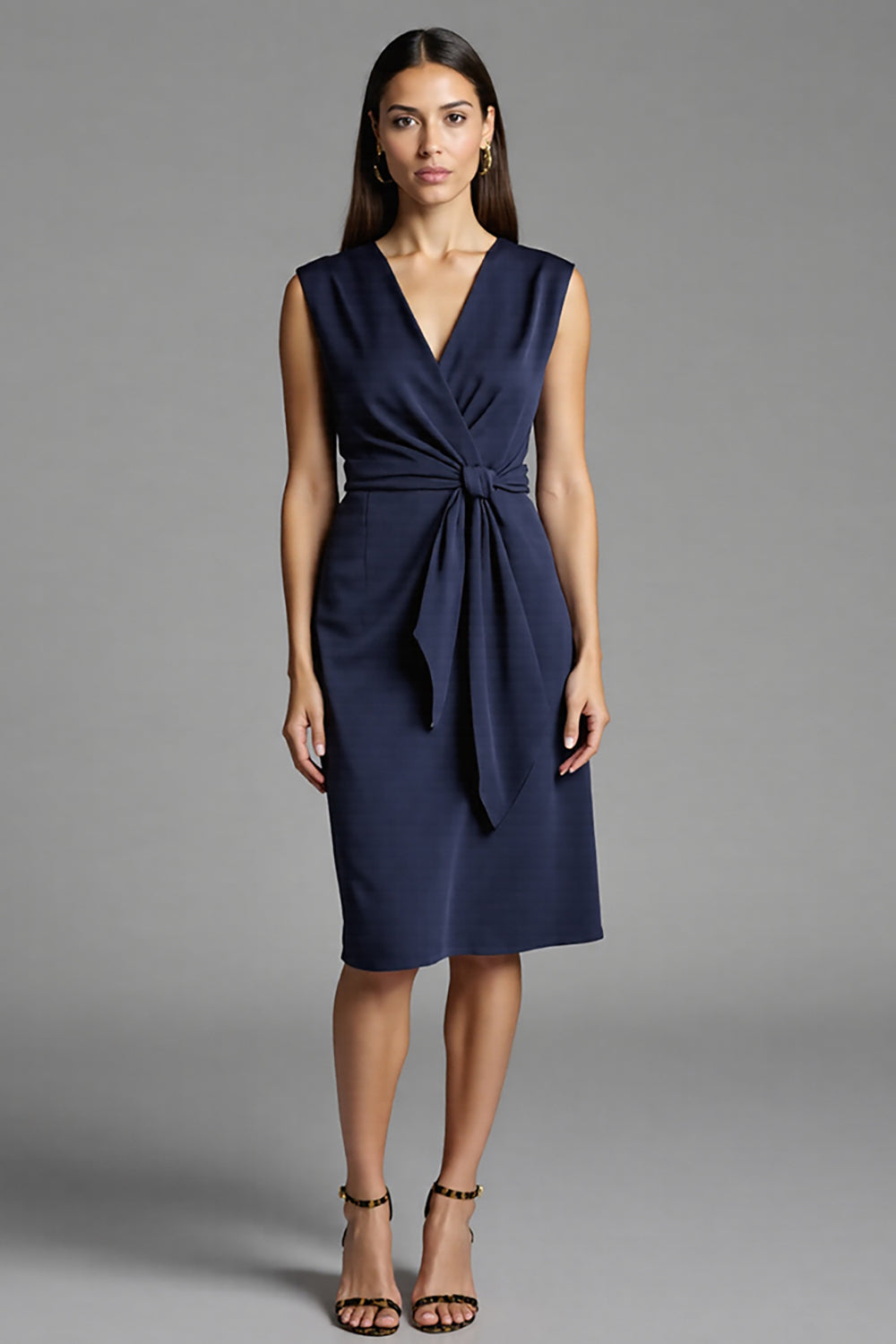 Bodycon Navy V Neck Midi Work Dress With Sash