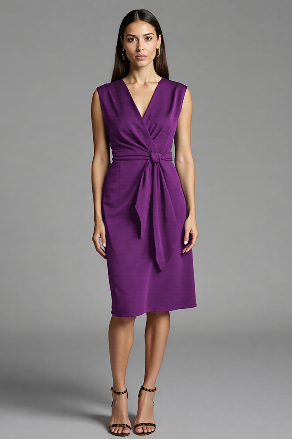Bodycon Navy V Neck Midi Work Dress With Sash