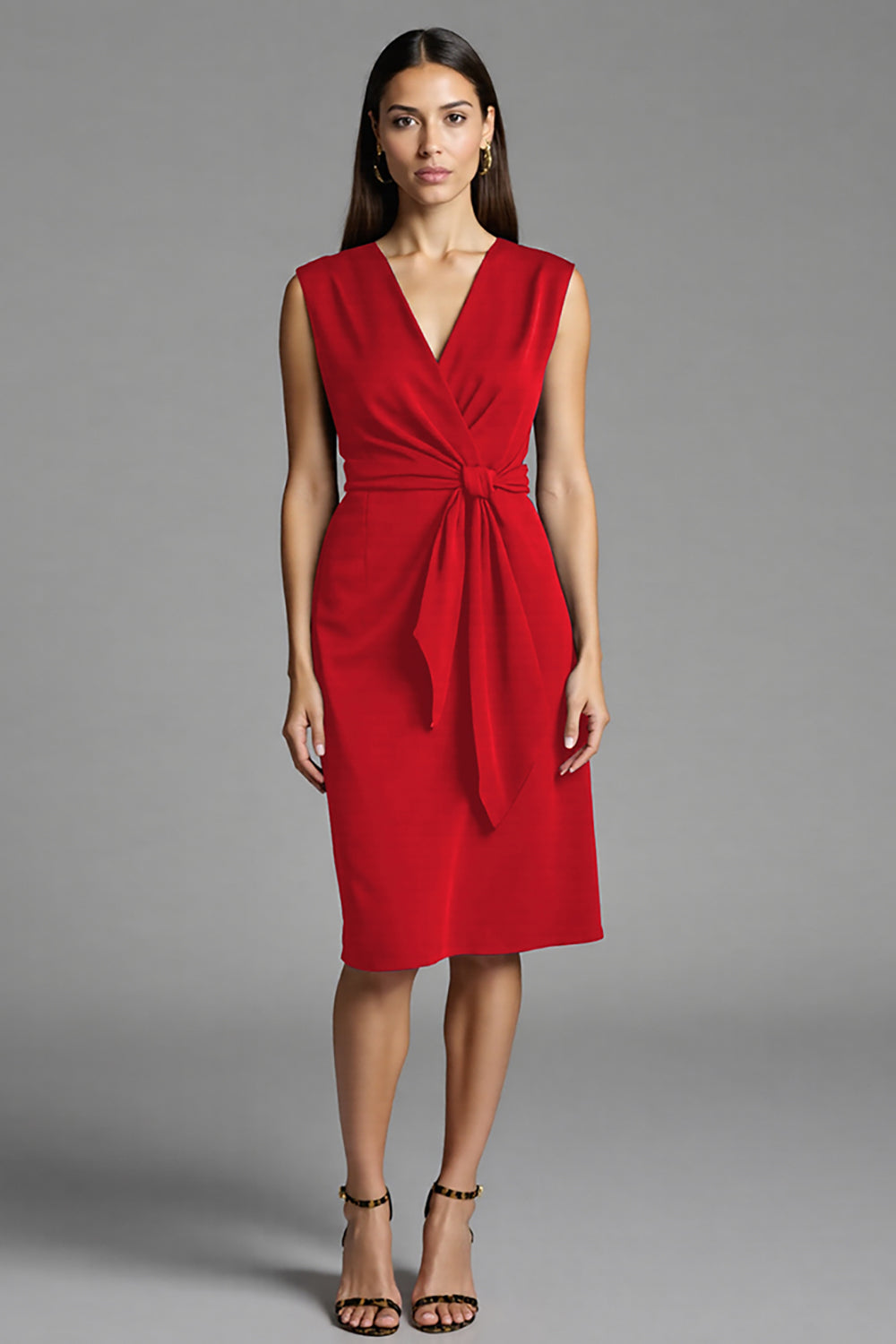 Bodycon Navy V Neck Midi Work Dress With Sash