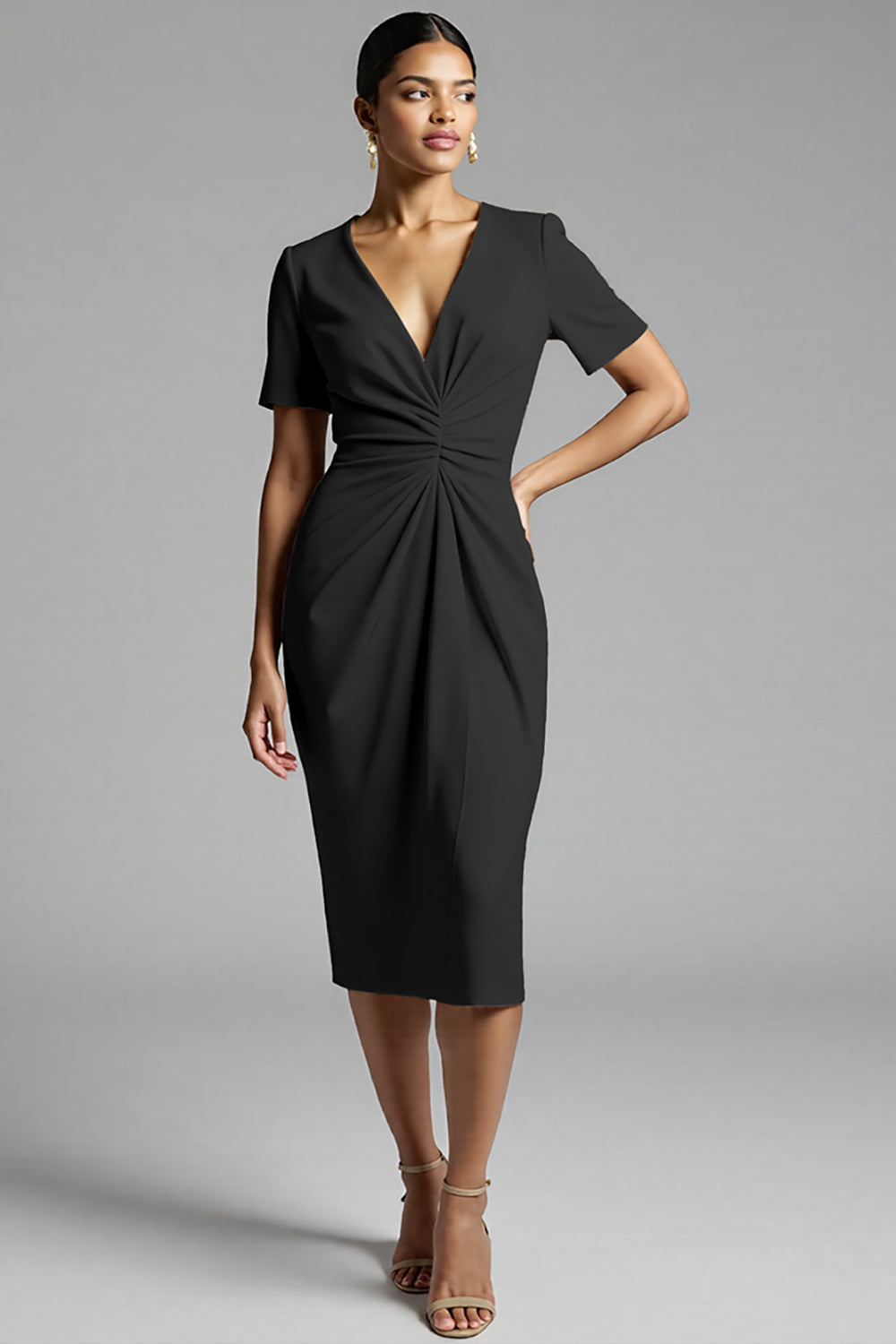 Simple Champagne Ruched Bodycon V-Neck Midi Work Dress