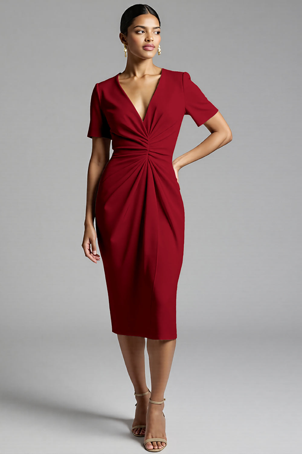 Simple Champagne Ruched Bodycon V-Neck Midi Work Dress