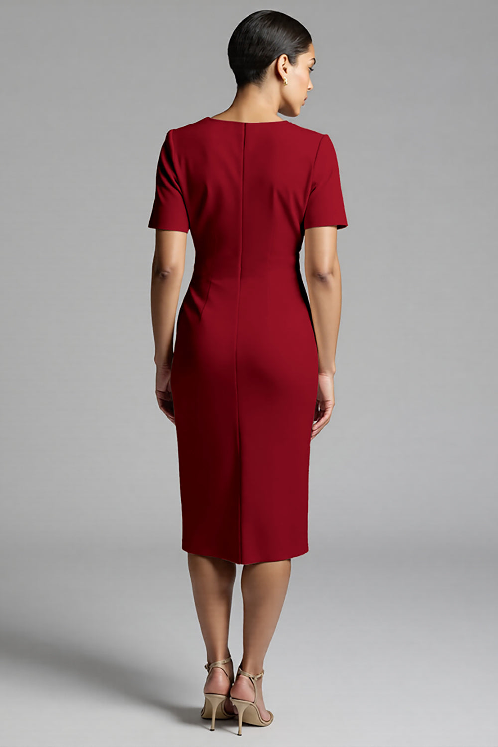 Simple Champagne Ruched Bodycon V-Neck Midi Work Dress