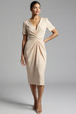 Simple Champagne Ruched Bodycon V-Neck Midi Work Dress