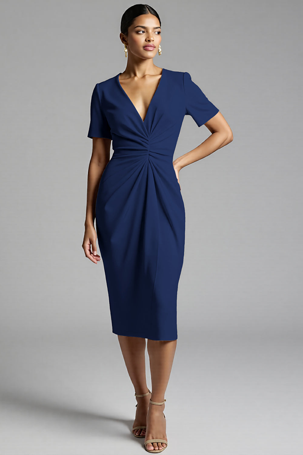 Simple Champagne Ruched Bodycon V-Neck Midi Work Dress