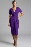 Simple Champagne Ruched Bodycon V-Neck Midi Work Dress