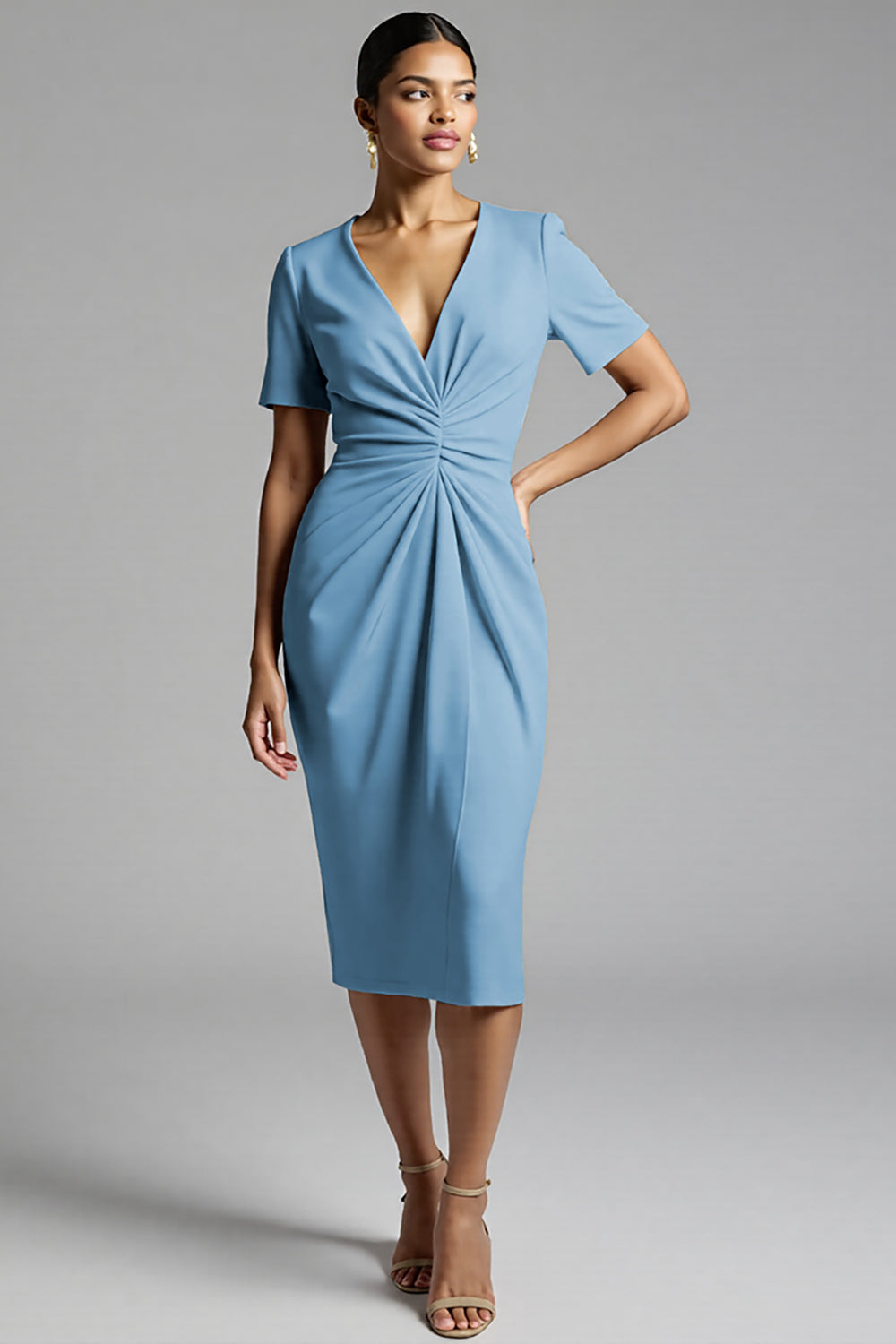 Simple Champagne Ruched Bodycon V-Neck Midi Work Dress