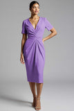 Simple Champagne Ruched Bodycon V-Neck Midi Work Dress