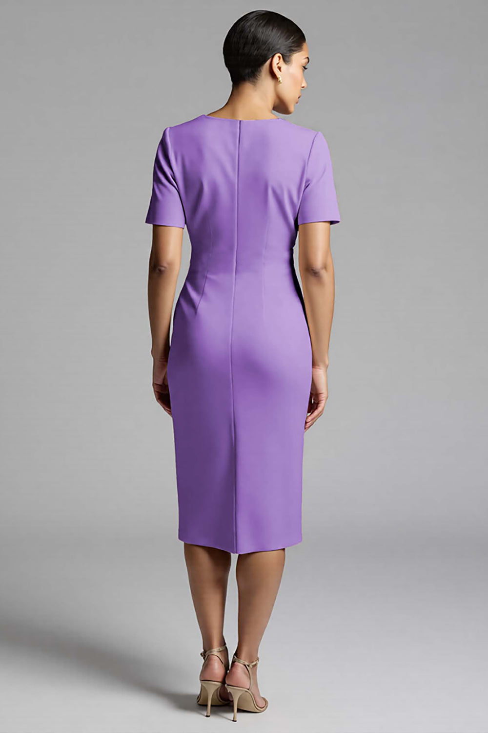Simple Champagne Ruched Bodycon V-Neck Midi Work Dress
