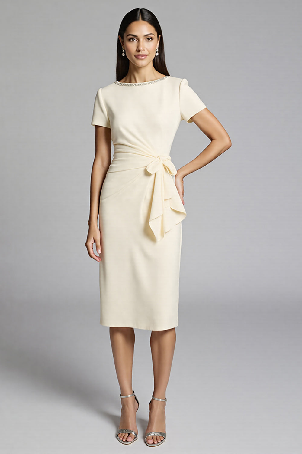 Sparkly Beige Beaded Bodycon Ruched Midi Work Dress with Sash