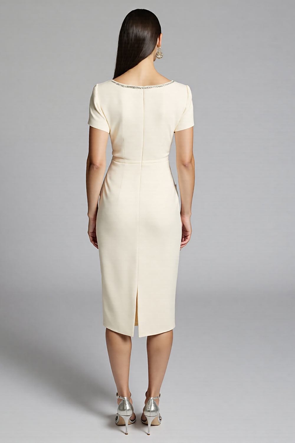 Sparkly Beige Beaded Bodycon Ruched Midi Work Dress with Sash
