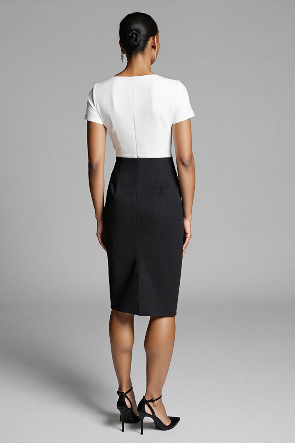 Black Round Neck Short Sleeves Ruched Midi Work Dress With Slit