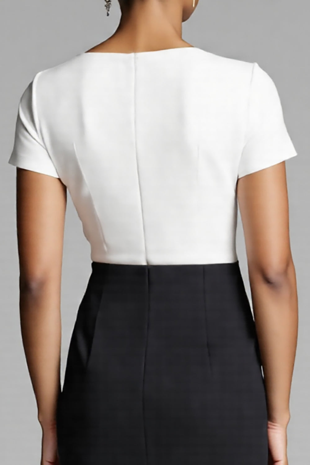 Black Round Neck Short Sleeves Ruched Midi Work Dress With Slit