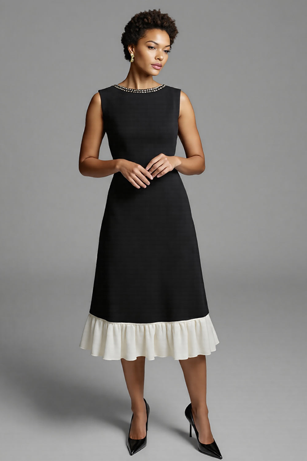 Sparkly Black and White Beaded Satin A Line Long Work Dress with Ruffles