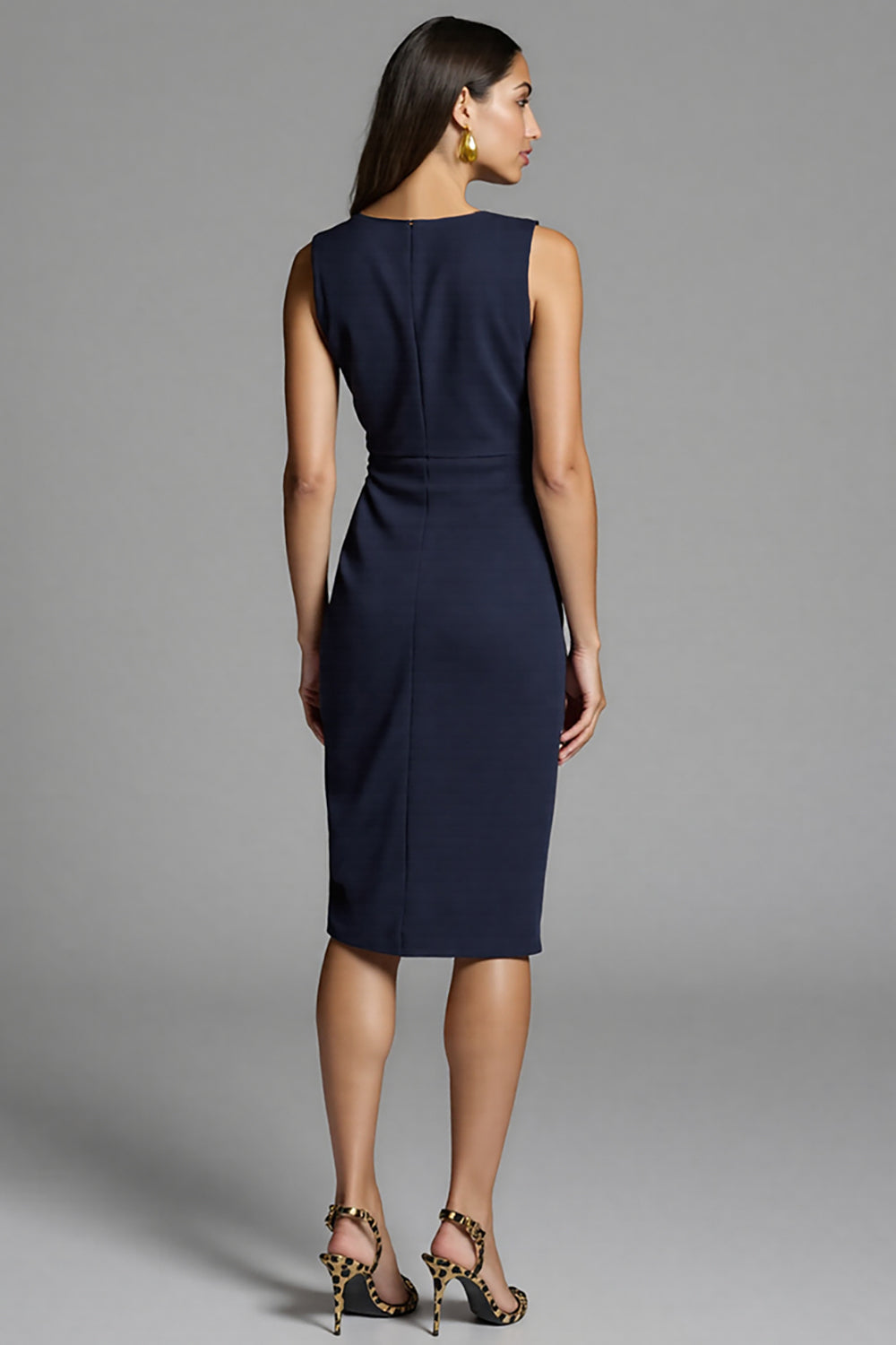 Navy Bodycon Ruched V-Neck Satin Midi Work Dress