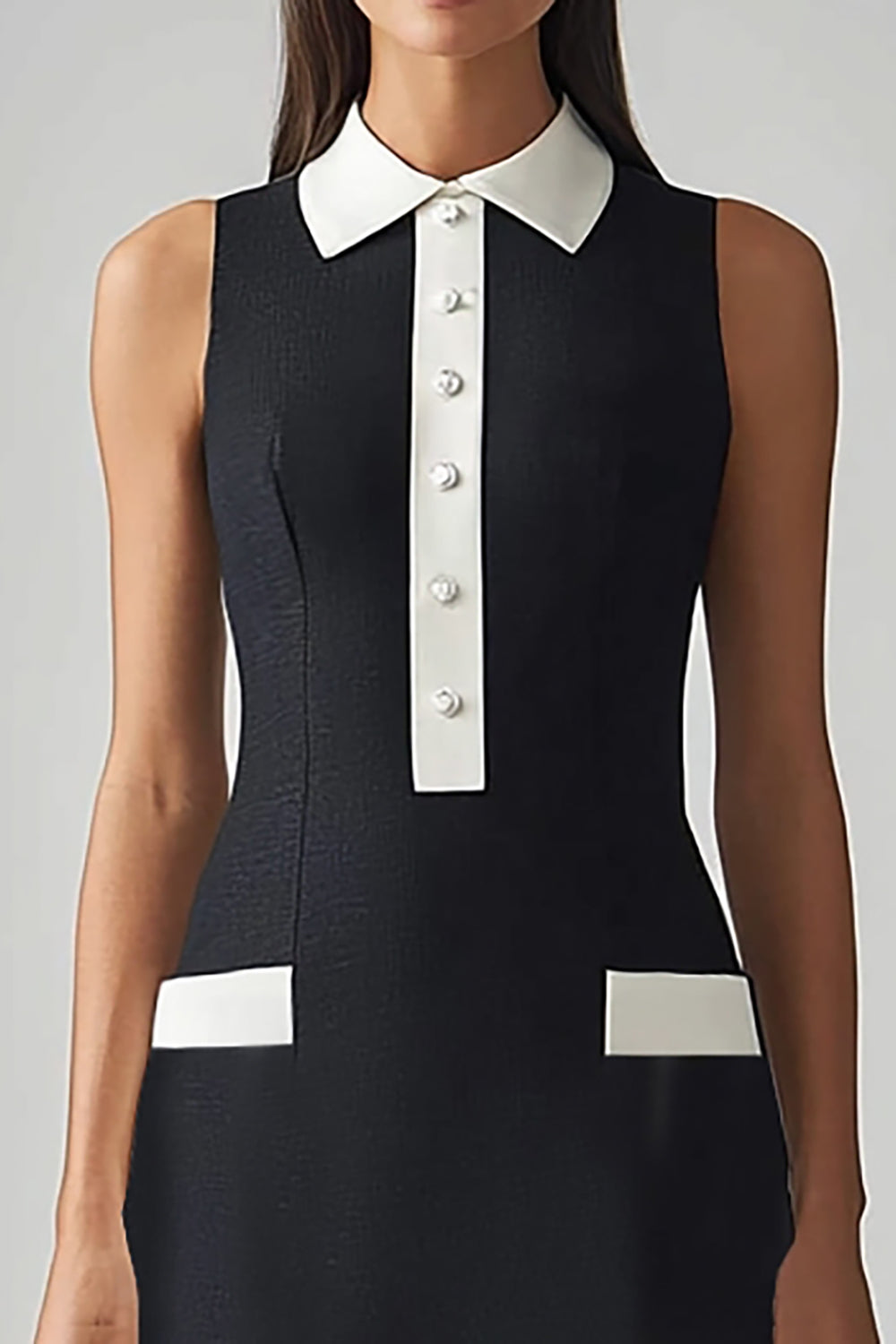 Black and White Satin Sheath Collar Neck Long Work Dress