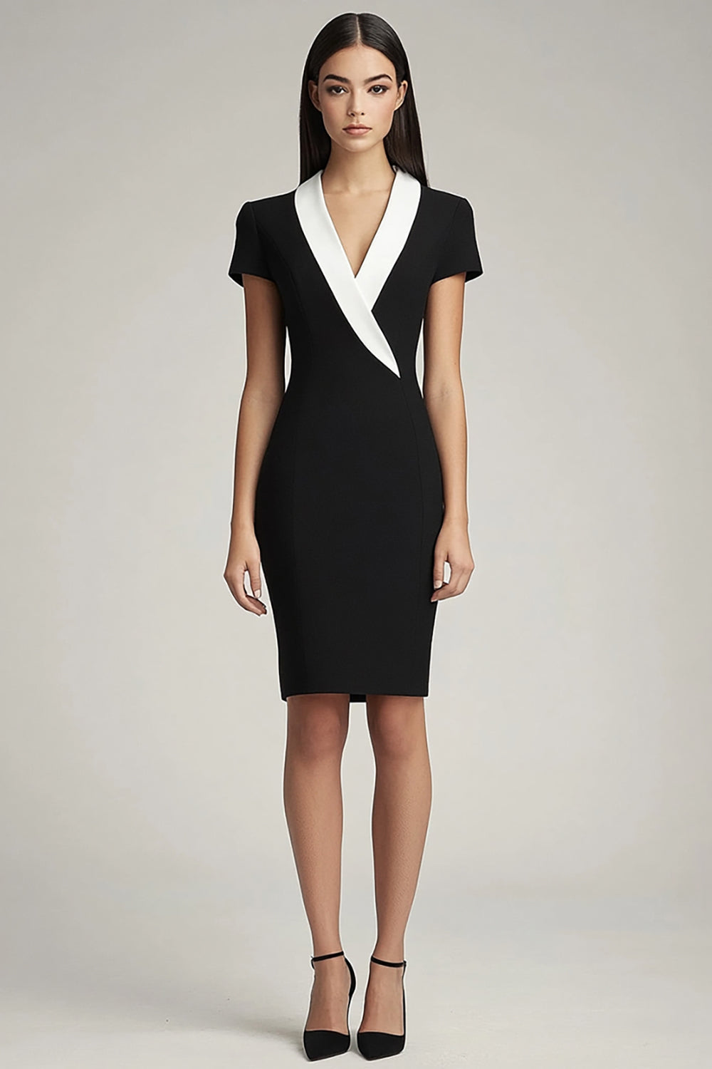 Black and White Bodycon Satin Shawl Lapel Midi Work Blazer Dress