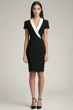 Black and White Bodycon Satin Shawl Lapel Midi Work Blazer Dress