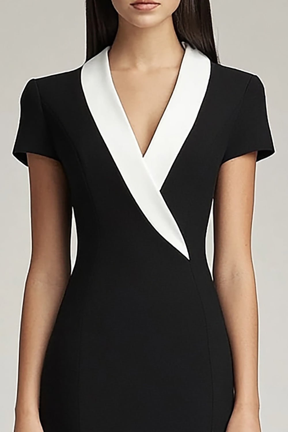 Black and White Bodycon Satin Shawl Lapel Midi Work Blazer Dress