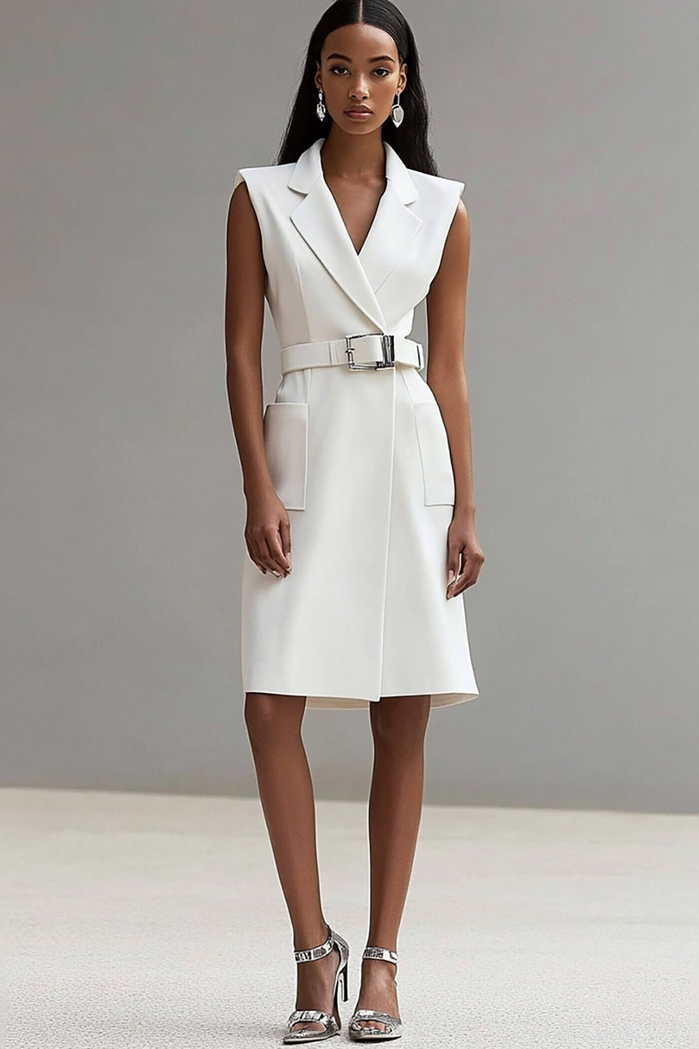 Ivory Satin Notched Lapel Midi Work Blazer Dress with Belt