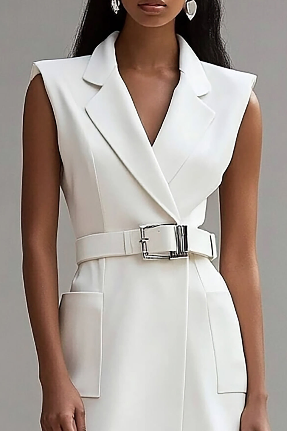 Ivory Satin Notched Lapel Midi Work Blazer Dress with Belt
