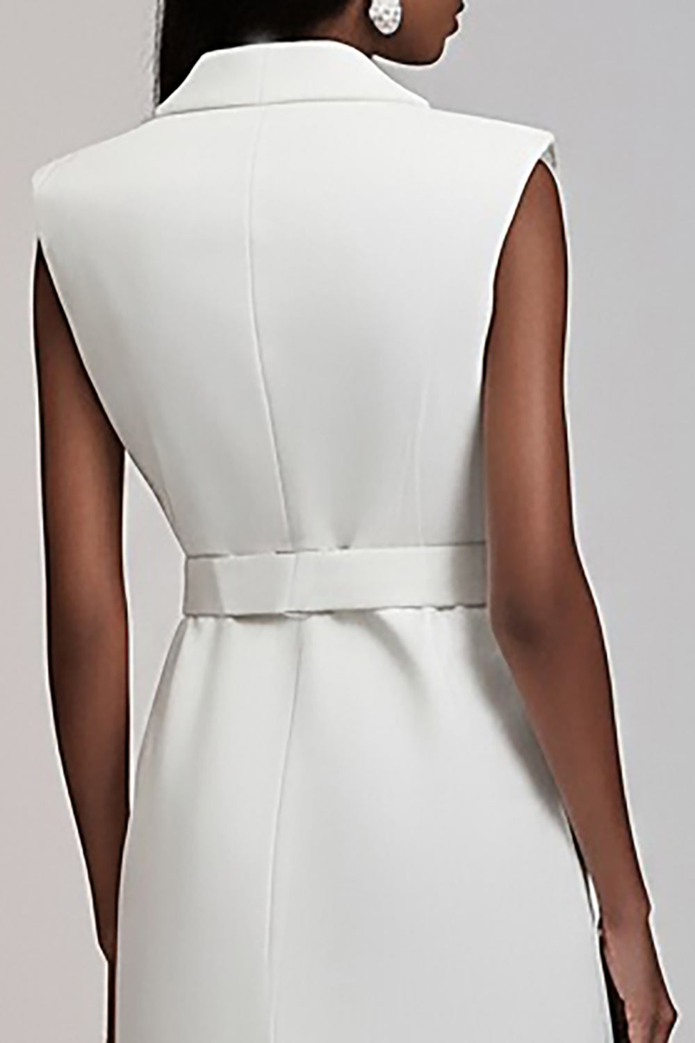 Ivory Satin Notched Lapel Midi Work Blazer Dress with Belt