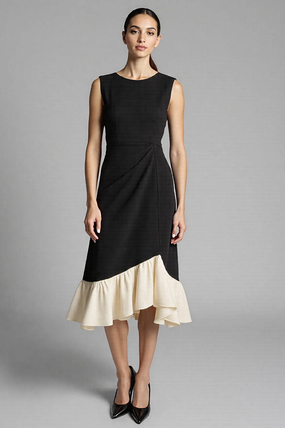 Black Satin A Line Jewel Neck Midi Work Dress with Ruffles