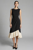 Black Satin A Line Jewel Neck Midi Work Dress with Ruffles
