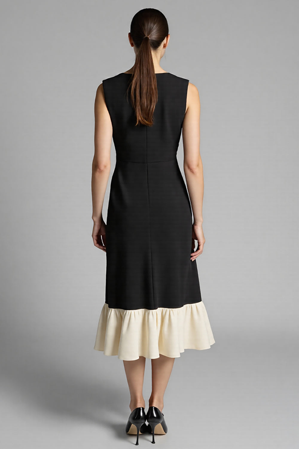 Black Satin A Line Jewel Neck Midi Work Dress with Ruffles